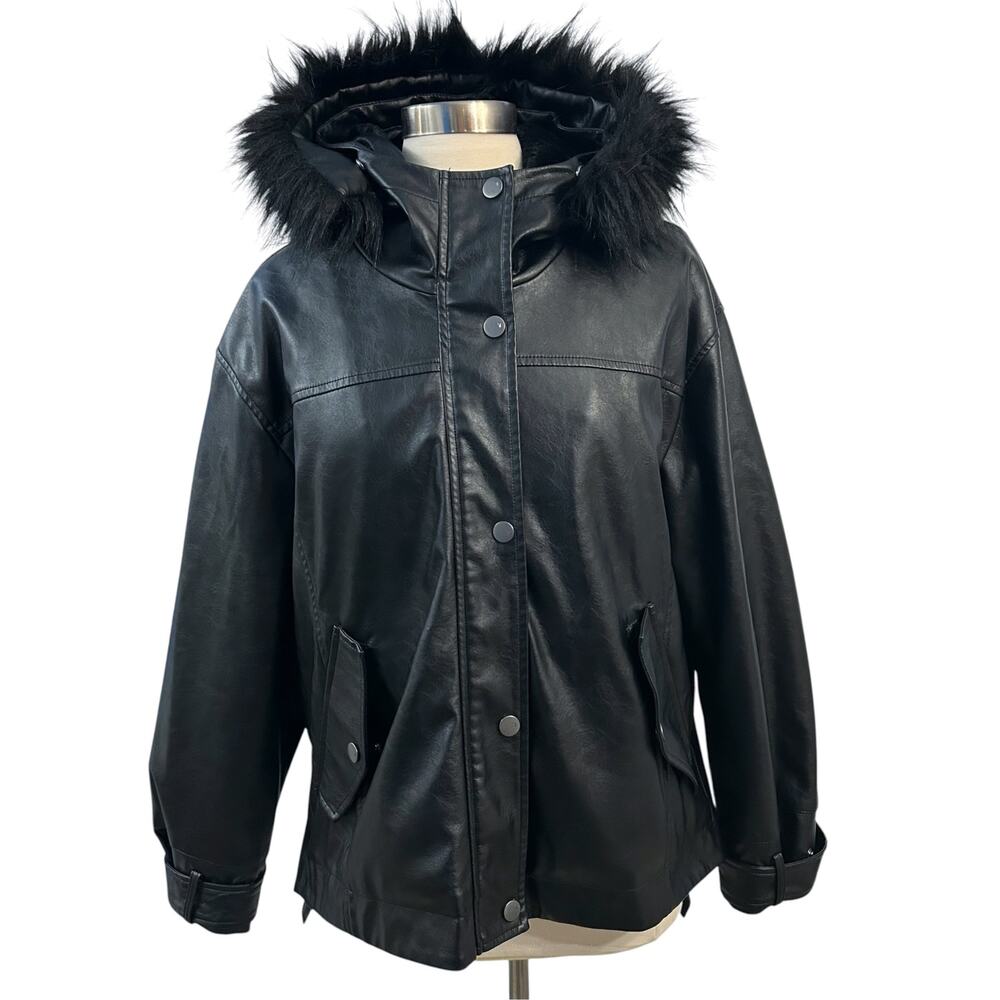 Anthropologie Pilcro Faux Leather Fur Hooded Jacket Black M